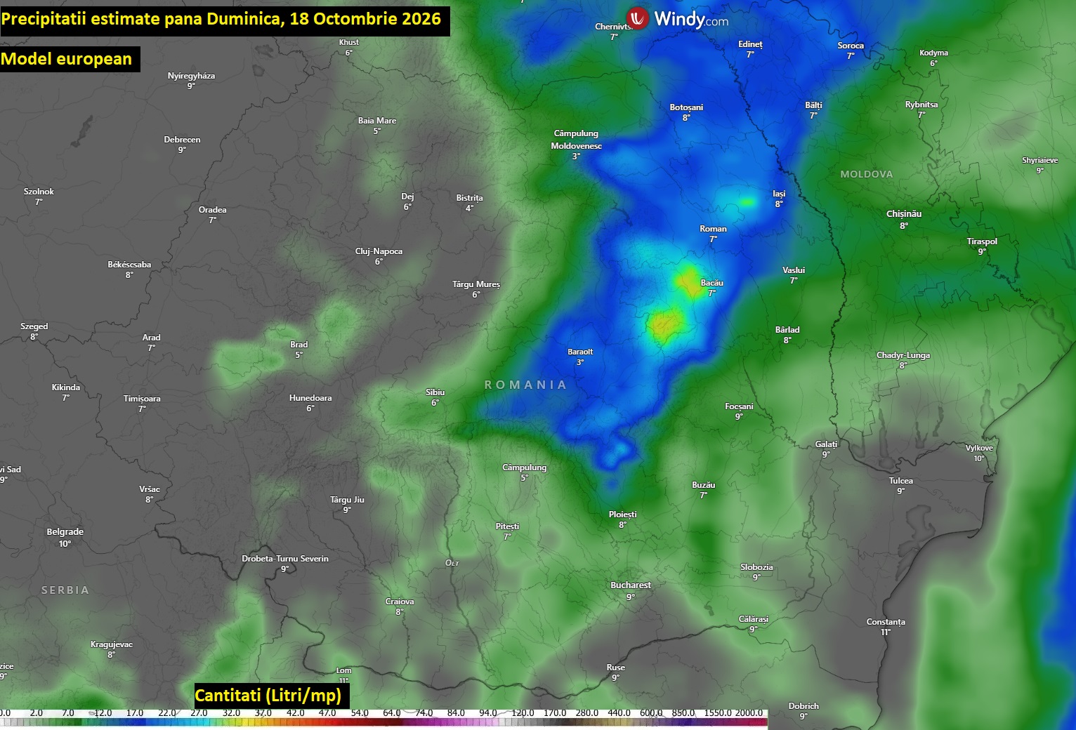 Precipitații estimate până Duminică, 18 Octombrie. Model european
