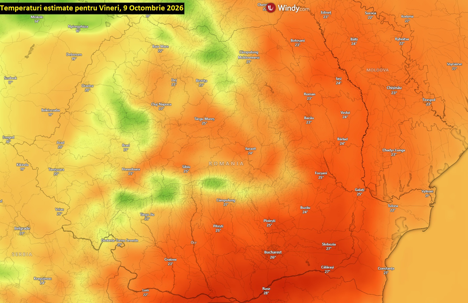 Temperaturi estimate pentru Vineri, 9 Octombrie 2026