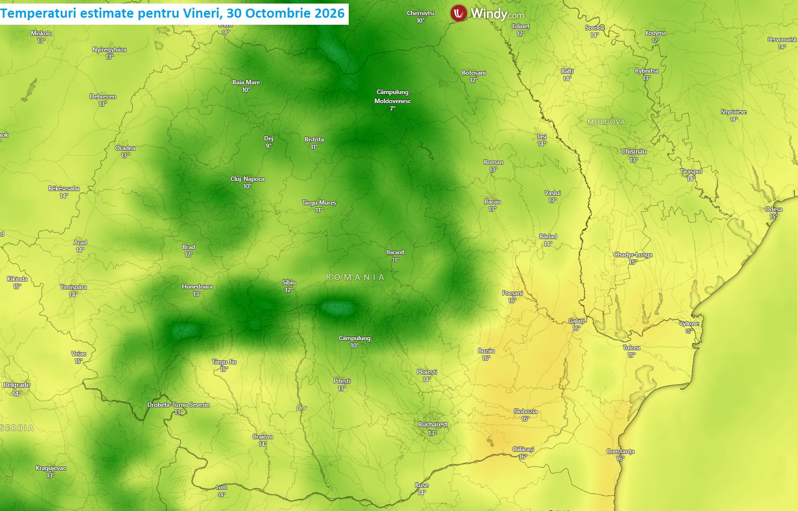 Temperaturi estimate pentru Vineri, 30 Octombrie 2026