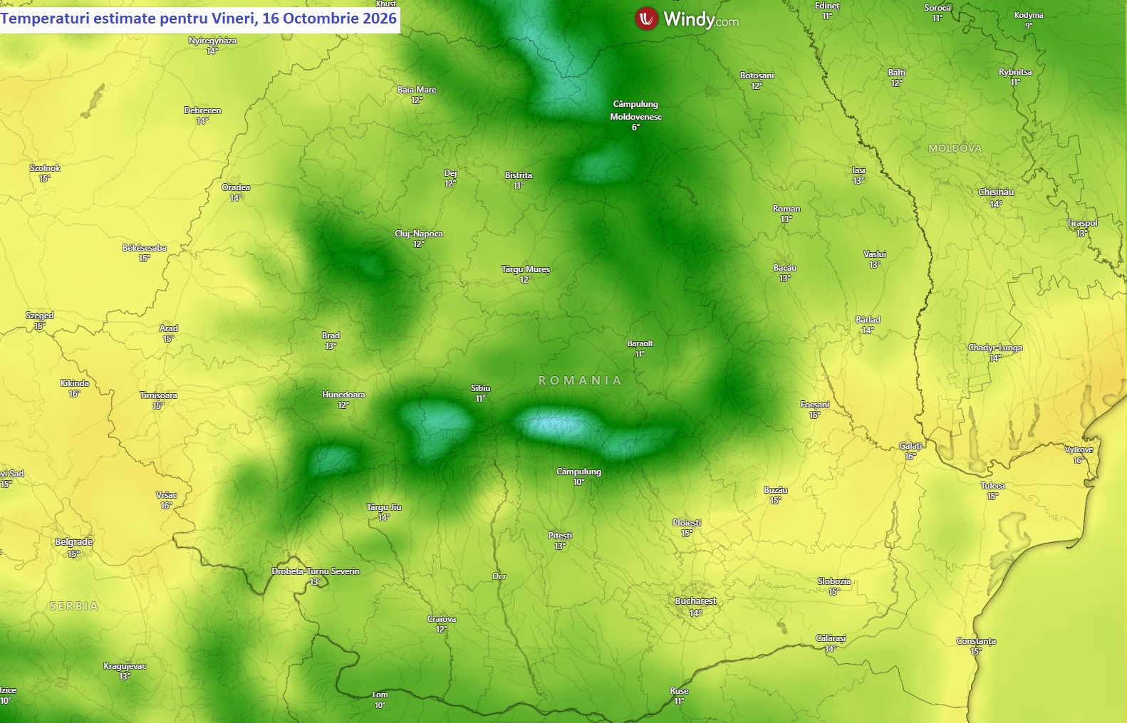 Temperaturi estimate pentru Vineri, 16 Octombrie 2026