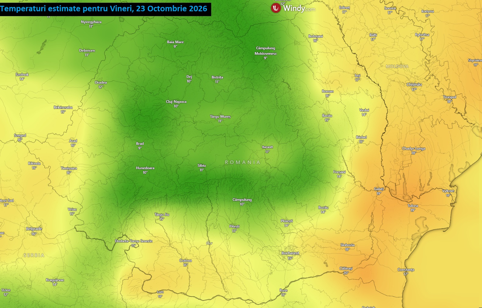 Temperaturi estimate pentru Vineri, 23 Octombrie 2026