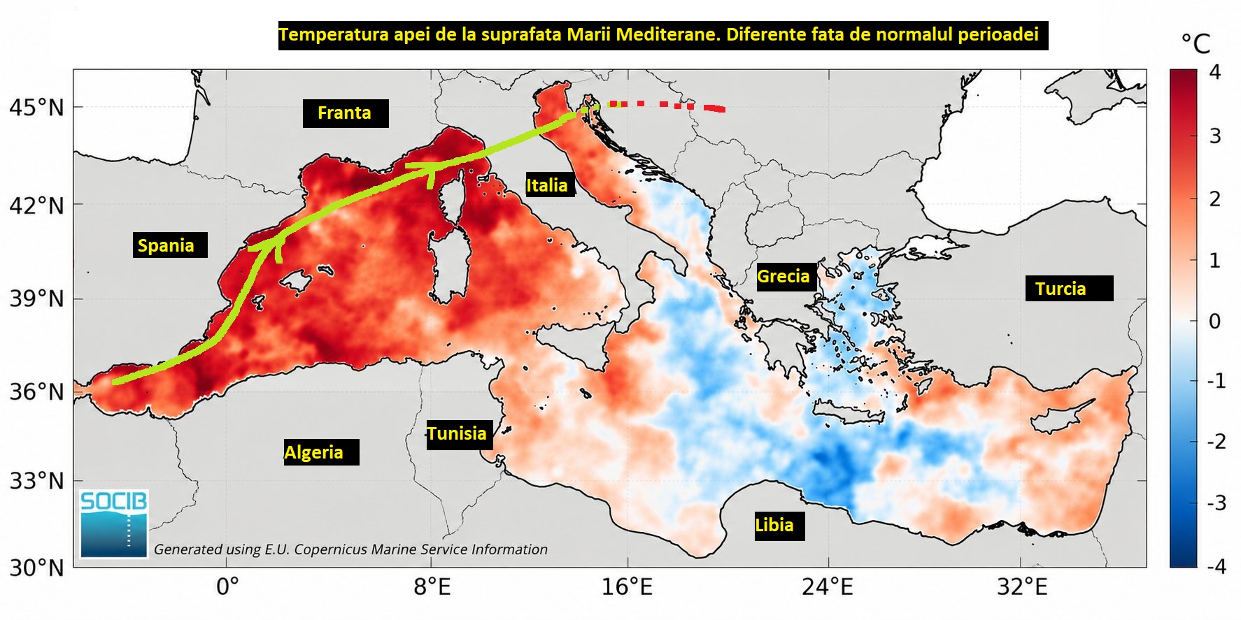 Temperatura de la suprafata apei Marii Mediterane. Diferente fata de medie
