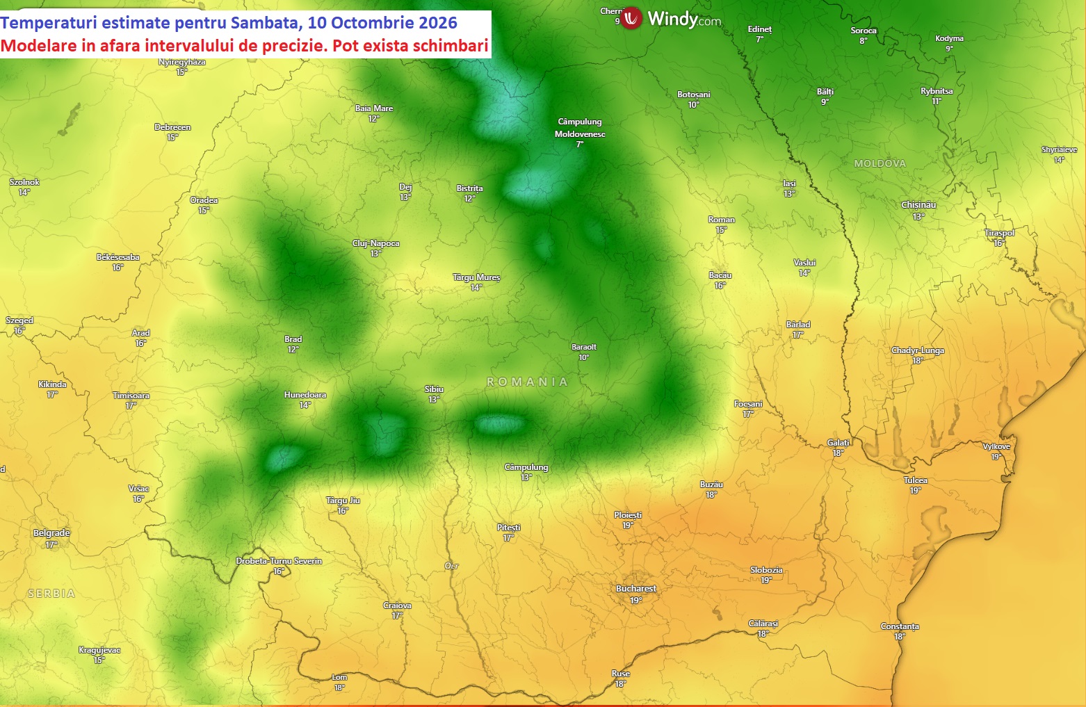 Temperaturi estimate pentru Sâmbătă, 10 Octombrie 2026