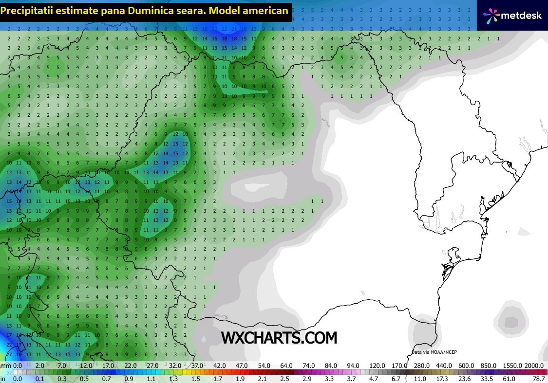 Precipitatii estimate pana Duminica seara. Model american