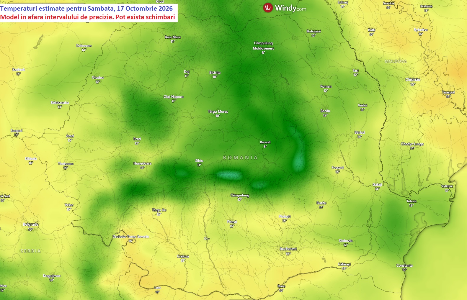 Temperaturi estimate pentru Sâmbătă, 17 Octombrie 2026