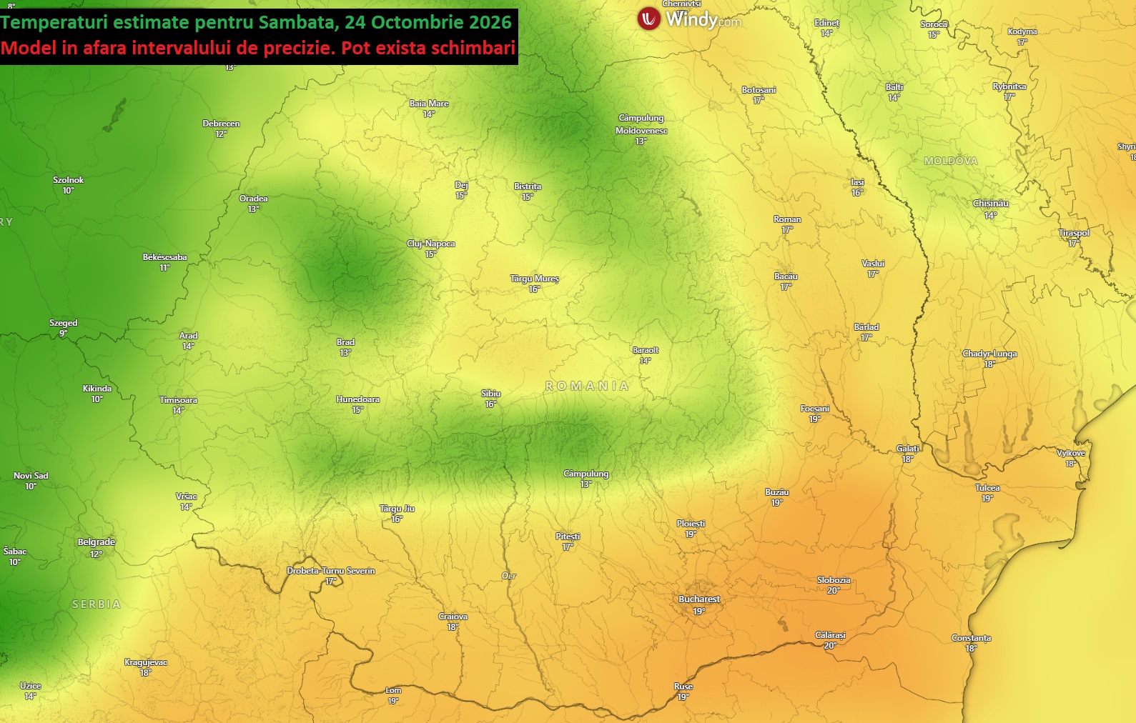 Temperaturi estimate pentru Sâmbătă, 24 Octombrie 2026