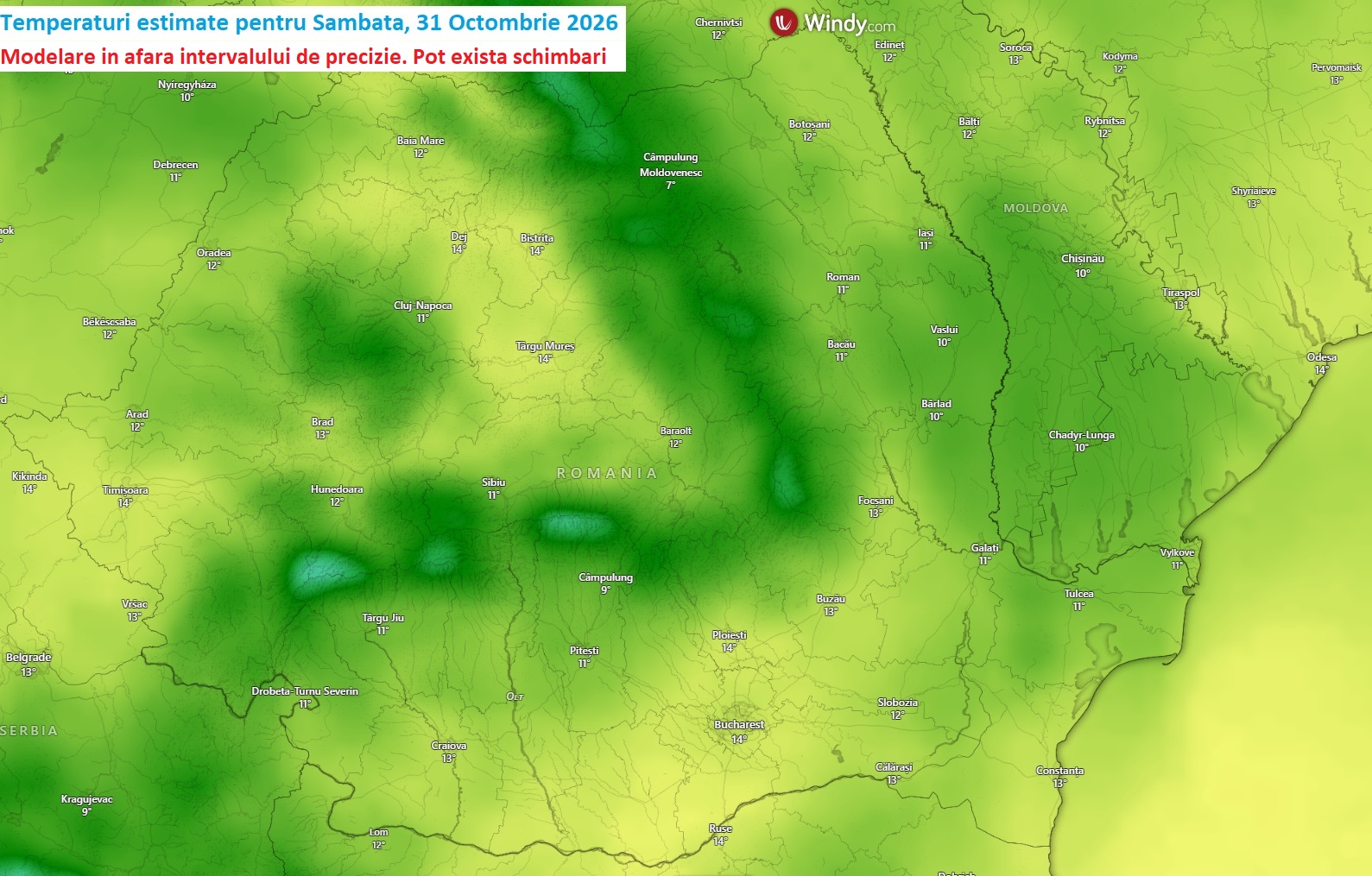 Temperaturi estimate pentru Sâmbătă, 31 Octombrie 2026