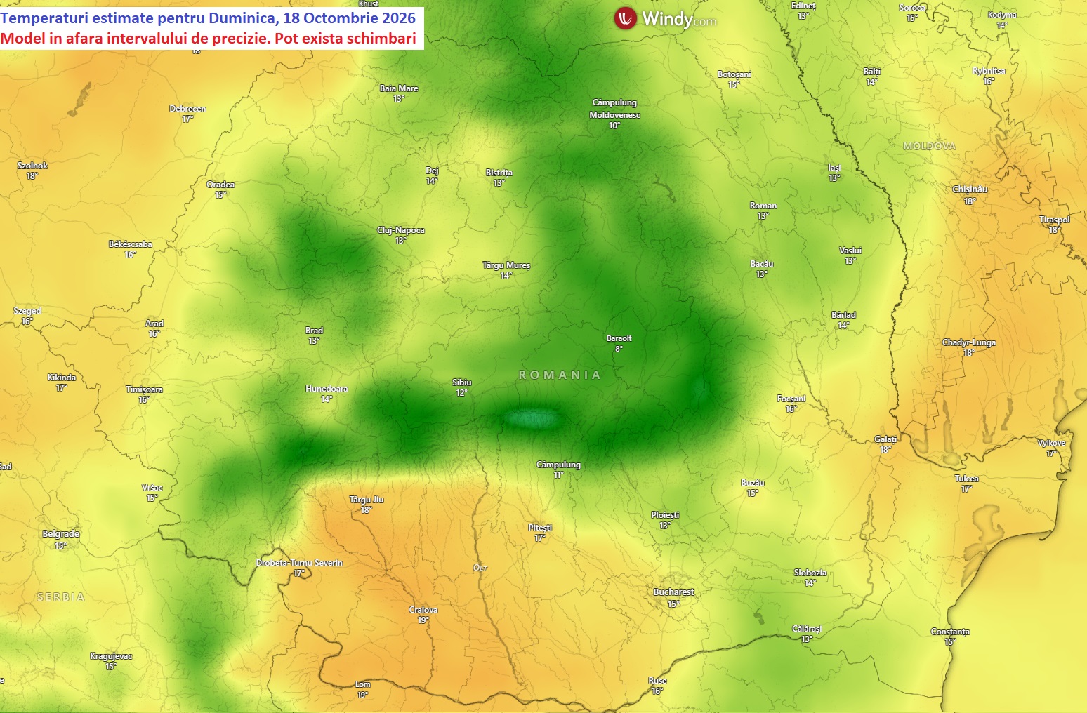 Temperaturi estimate pentru Duminică, 18 Octombrie 2026