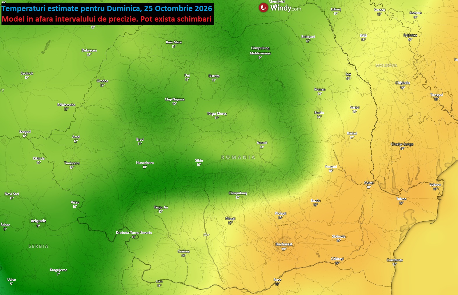 Temperaturi estimate pentru Duminică, 25 Octombrie 2026