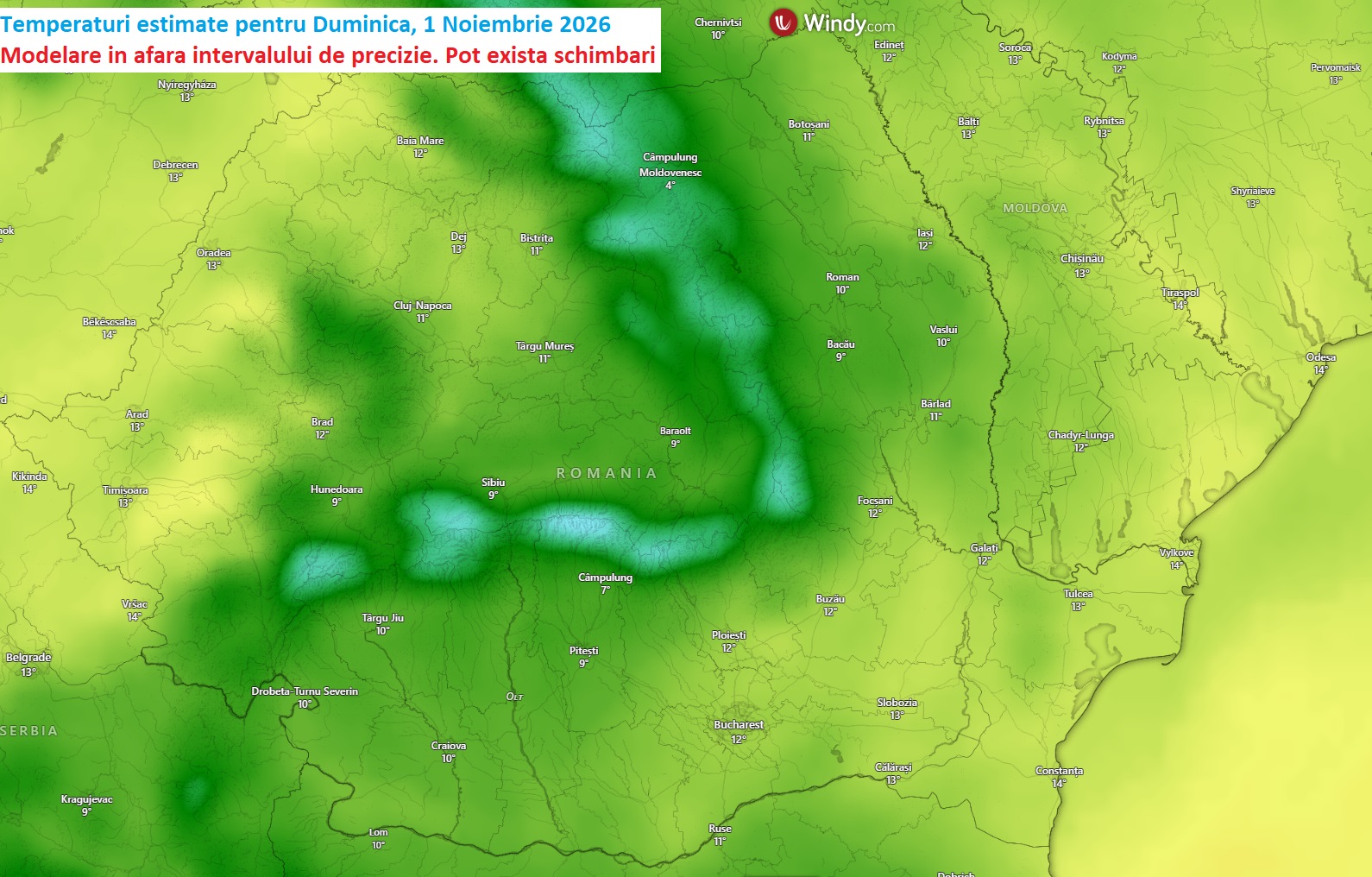 Temperaturi estimate pentru Duminică, 1 Noiembrie 2026