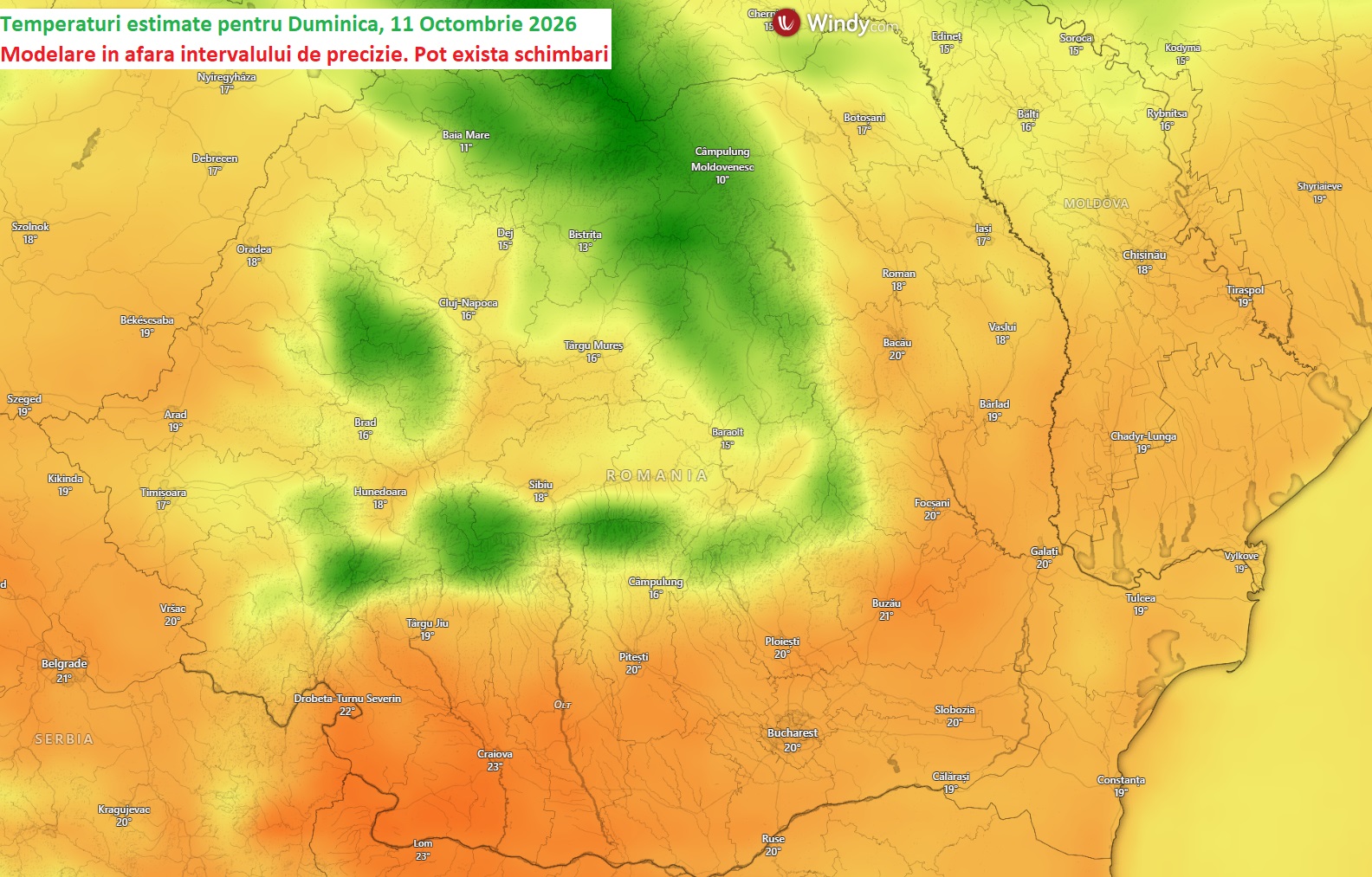 Temperaturi estimate pentru Duminică, 11 Octombrie 2026