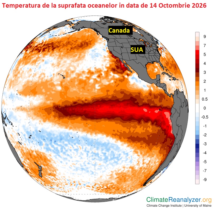 Temperatura la suprafata marilor si oceanelor. Diferente fata de normal in data de 14 Octombrie 2026
