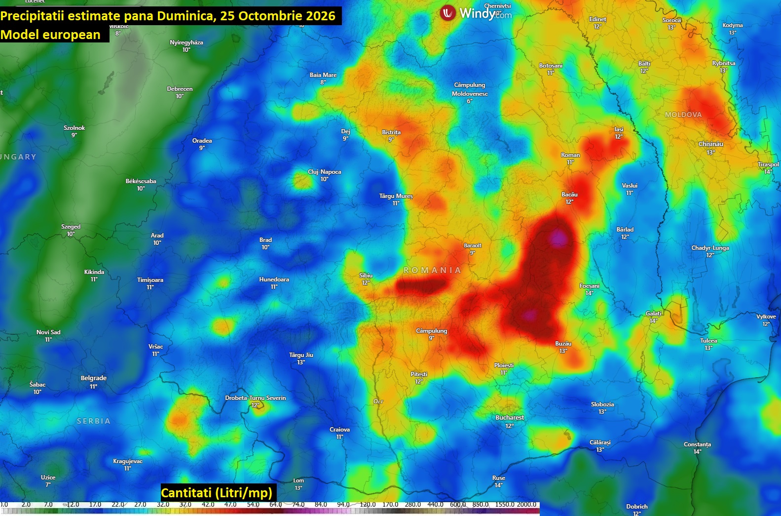 Precipitații estimate până Duminică, 25 Octombrie 2026