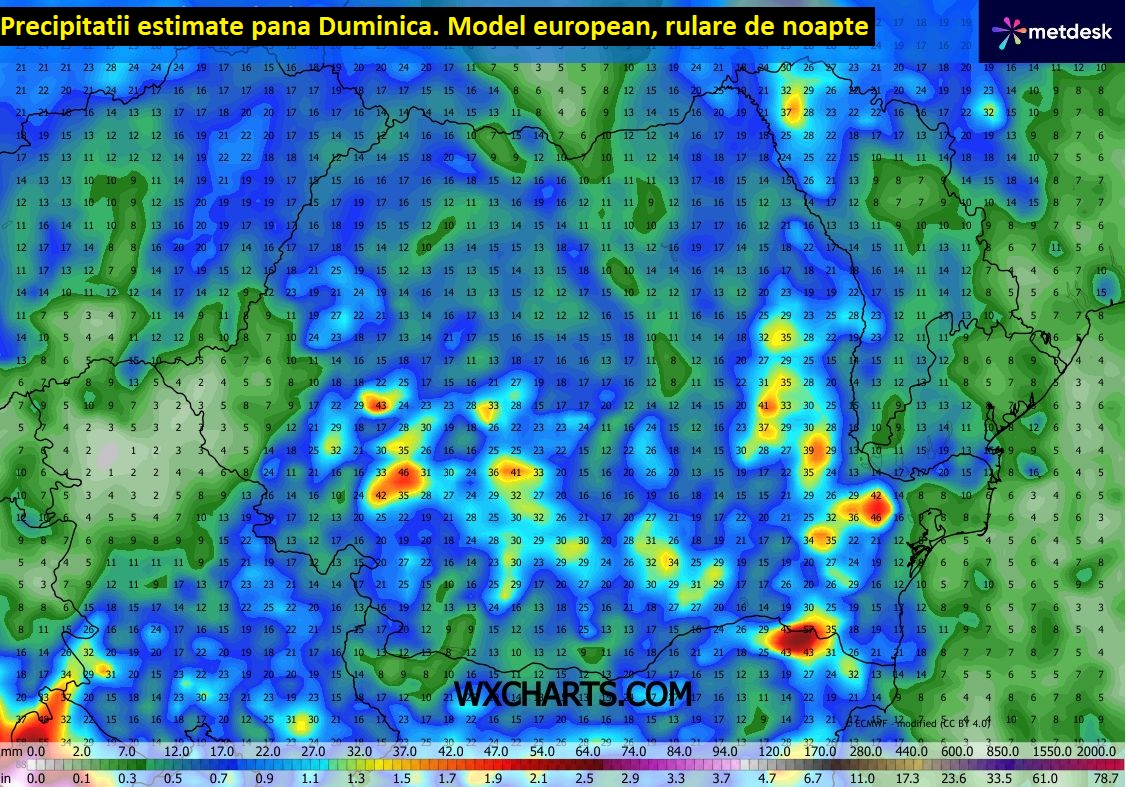 Precipitații estimate până Duminică, 25 Octombrie 2026. Model european, rulare de noapte