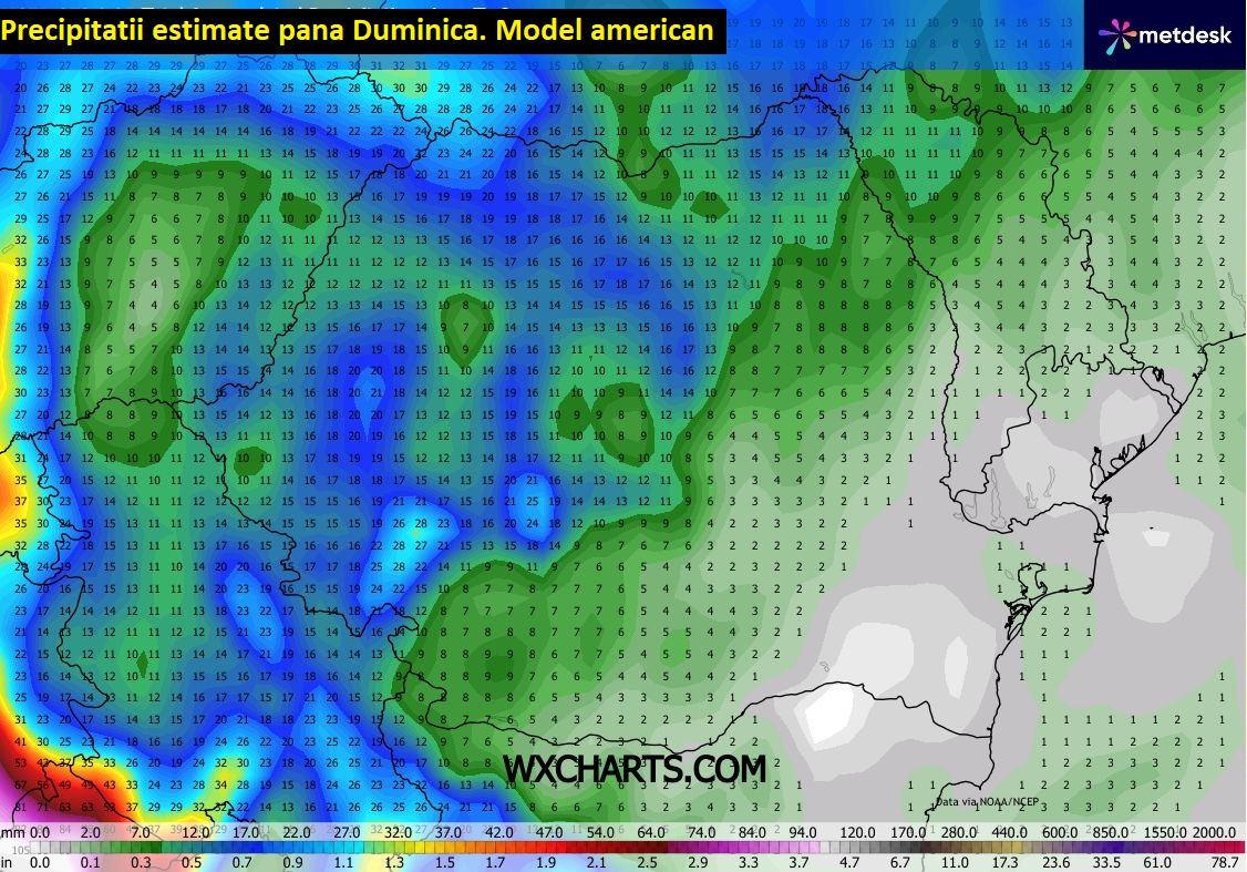 Precipitații estimate până Duminică, model american