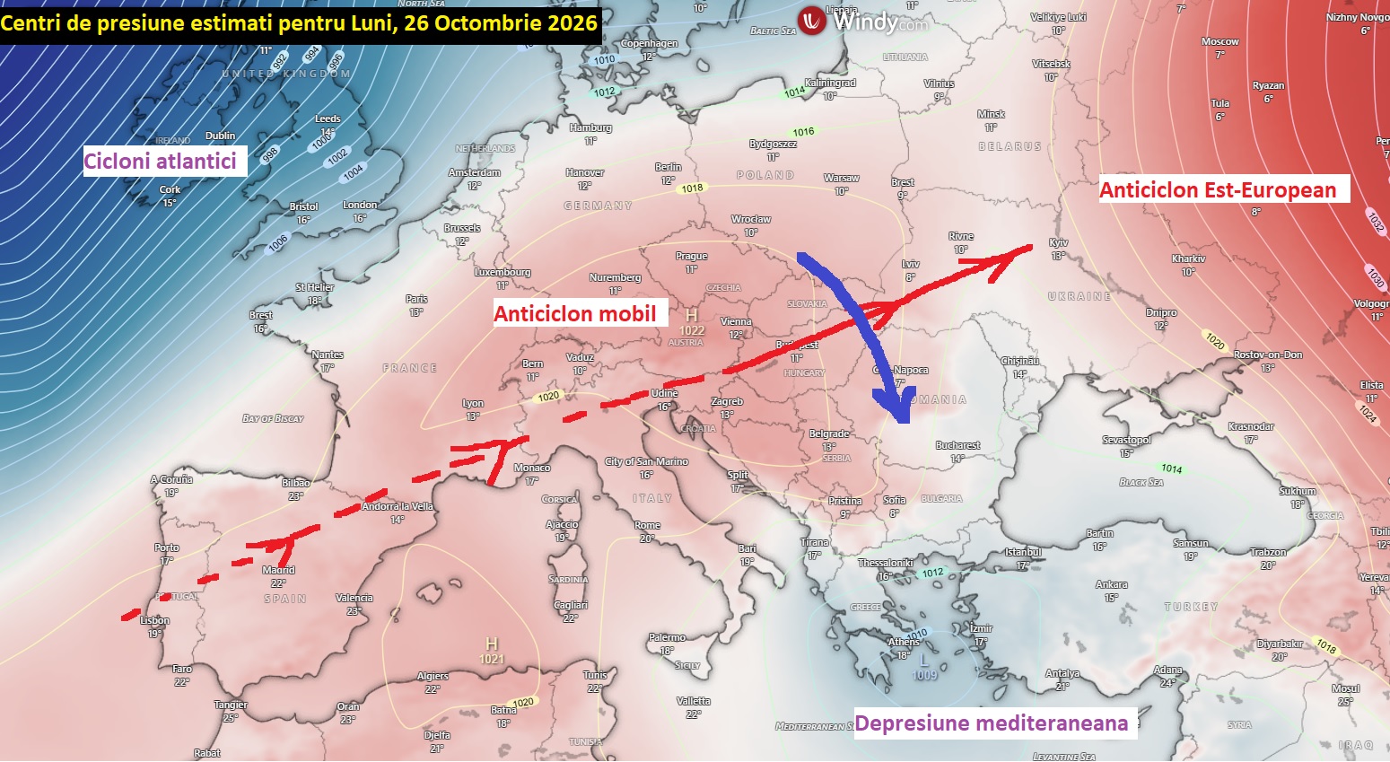 Centri de presiune estimați pentru Luni, 26 Octombrie 2026