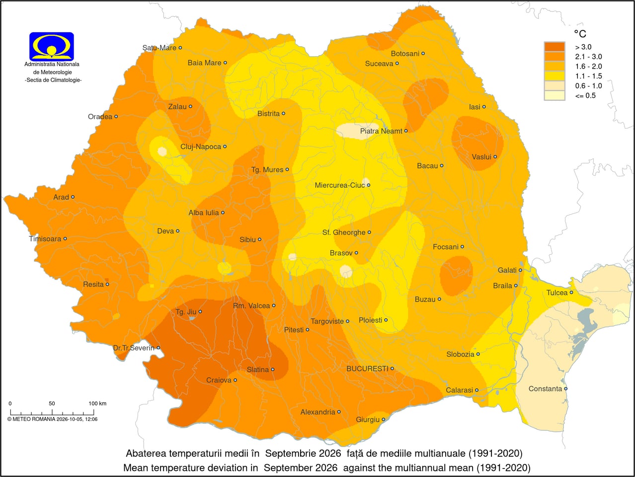 Temperatura. Diferente fata de medie in luna Septembrie 2026